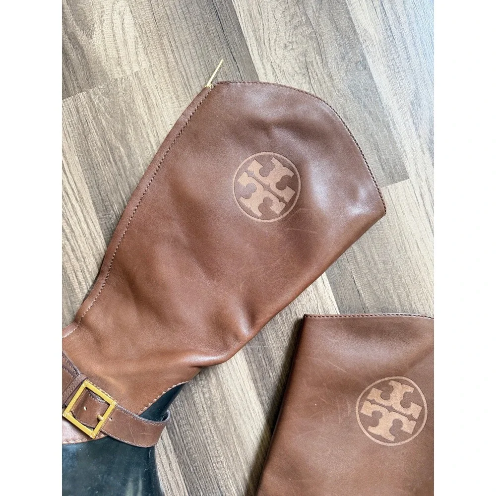 Tory Burch Rain Boots Womens Brown Black Good Tall Leather Rubber Logo Buckle